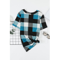 Sky Blue Plaid Pattern V Neck Short Sleeve Top