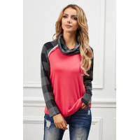 Red Cowl Neck Plaid Splice Casual Long Sleeve Top