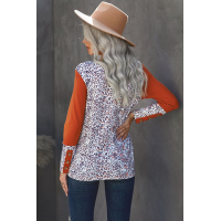 Orange Leopard Splicing Button Long Sleeves Top