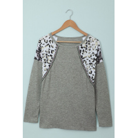 Gray Long Sleeve Top With Leopard Snakeskin Print