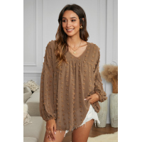 Brown V Neck Polka Dot Lantern Sleeve Top