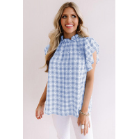 Light Blue Plaid Ruffled Short Sleeves Tee