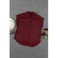 Wine Red Collared Button Short Sleeves Shirt