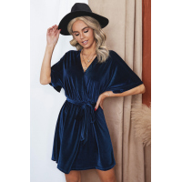 Blue V-neck Half Sleeve Velvet Mini Dress with Belt