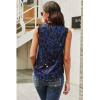 Blue V Neck Lace Trim Leopard Tank