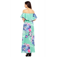 Flower Print Mint Grounding Off Shoulder Long Boho Dress