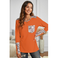 Orange Leopard Splicing Long Sleeve Top with Button Details