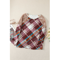 Sequin Shoulder Splicing Plaid Long Sleeve Top