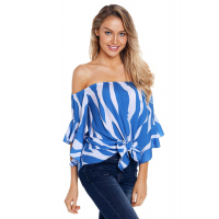 Off The Shoulder Vertical Stripes Blouse in Blue