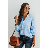 Sky Blue Long Sleeve Ruffles Casual Blouse