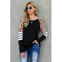 Black Striped Floral Long Sleeve Top