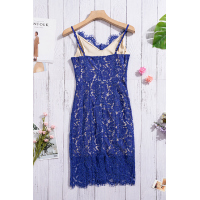 Blue Eyelash Lace Spaghetti Strap Midi Dress