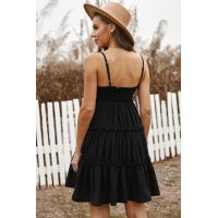 Black Spaghetti Straps Ruched Ruffled Mini Dress