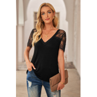 Black Sweet Side Lace Deep V Neck Top T-shirt