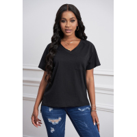 Black V Neck Short Sleeves Cotton Blend Tee with Front Pocket and Side Slits