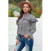 Black Plaid Button Ruffle Shirt