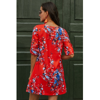 Orange V Neck 3/4 Roll Sleeve Button Floral Dress