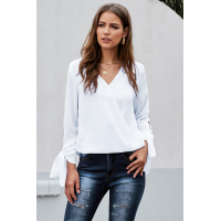 White V Neck Ruched Tie Sleeve Top