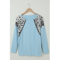 Sky Blue Long Sleeve Top With Leopard Snakeskin Print