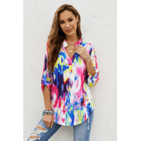 Multicolor Tie Dye Button Tab-Sleeve V-Neck Blouse