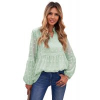 Green Ruffled Split Neck Lace Hollow Out Puff Sleeve Polka Dot Blouse