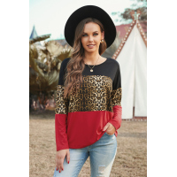 Burgundy Colorblock Leopard Patchwork Long Sleeve Top