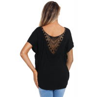 Black Macrame Low-cut Back Dolman Sleeve Shirt