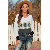 Green Plaid Color Block V Neck Long Sleeve Top