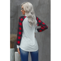 Red Christmas Pattern Plaid Splice Long Sleeve Top