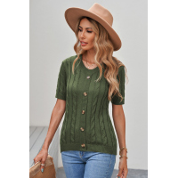 Green Cable Knit Short Sleeve Top with Buttons