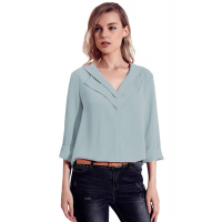 Grey Lapel V Neck Roll Sleeve Blouse