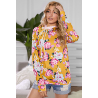  Yellow Cowl Neck Floral Print Hoodie with Striped Detail