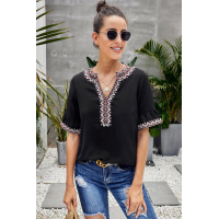 Black Boho Floral V Neck Casual Blouse