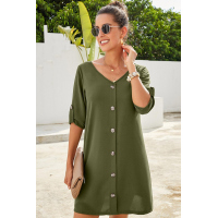 Green V Neck Button Front Roll up Tab Sleeve Dress