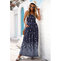 Blue Bohemian Bandeau Floral Print Maxi Dress