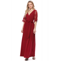 Red Floral Lace Half Sleeve Wrap V Neck Maxi Dress