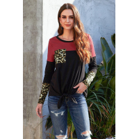 Black Color Block Splicing Leopard Printed Pocket Tie Blouse