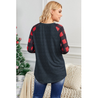 Leopard Christmas Tree Print Splice Red Plaid Long Sleeve Top