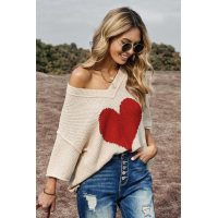 Beige V-neck Dropped Sleeve Heart Print Slouchy Top