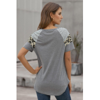 Gray Striped Leopard Print Short Sleeve Women T-shirt