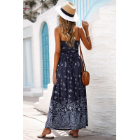 Blue Bohemian Bandeau Floral Print Maxi Dress