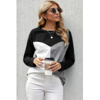 Black Color Block Splicing O-Neck Blouse