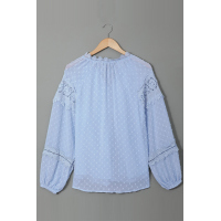 Sky Blue V Neck Lantern Sleeve Lace Hollow Out Top