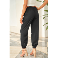 Black Drawstring Elastic Waist Pull-on Casual Pants with Pockets