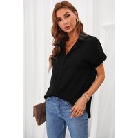 Black Collared Button Short Sleeves Shirt