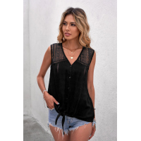 Black Lace Tie Front Button Tank Top