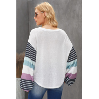 White Striped Colorblock Long Sleeve Knit Top