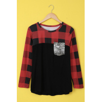 Plaid Print Patchwork Black Long Sleeve Top