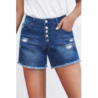 Blue Frayed Hem Single-breasted Ripped Denim Shorts