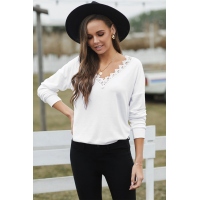 White Deep V-neck Eyelash Lace Trim Top